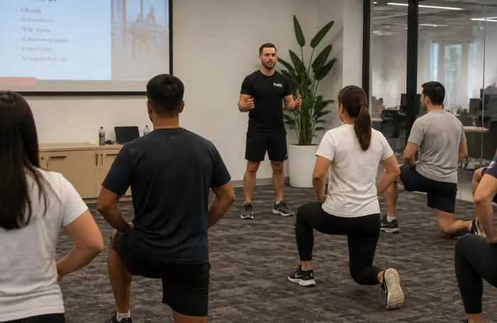 Sesión grupal de entrenamiento funcional en una oficina